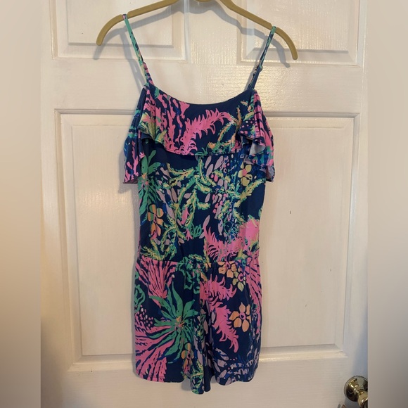 LILLY PULITZER Blue Floral Ruffle “Klea Off the Shoulder Romper” - Picture 2 of 6